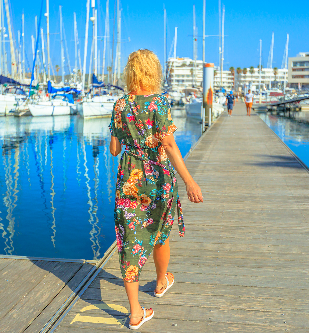 Floral dress by the harbor